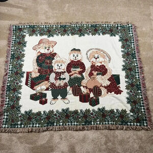 Vtg Goodwin Weaver Tapestry Fringe Throw Blanket 60x48 USA Christmas Bear Afghan